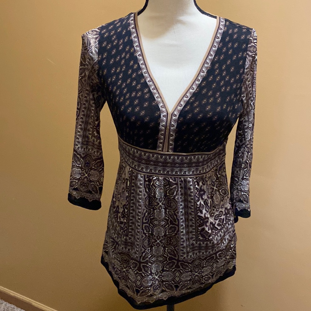 Womens Axcess a Liz Claiborne company brown v neck 3/4 sleeve top boho sz S